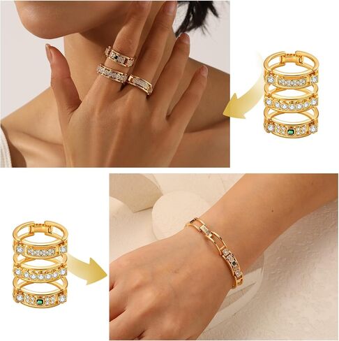 FOJDPAS 14K Gold Plated Stackable Rings Set for Women, Convertible 3-Piece CZ Wedding Bands Turn Into Adjustable Tennis Charm Bangle Bracelet, Spinelli Chunky Statement Rings, Non-Tarnish, Hypoallergenic, Size 7–10 in Saudi Arabia