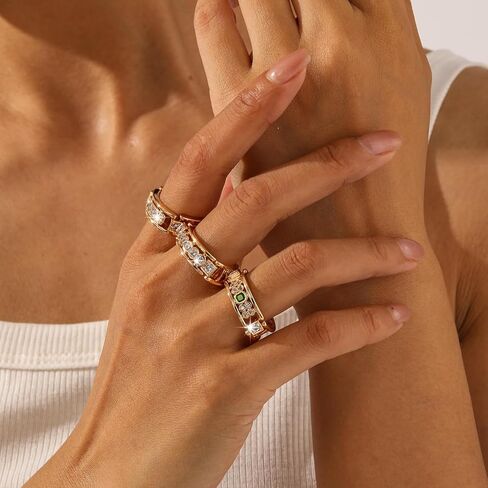 FOJDPAS 14K Gold Plated Stackable Rings Set for Women, Convertible 3-Piece CZ Wedding Bands Turn Into Adjustable Tennis Charm Bangle Bracelet, Spinelli Chunky Statement Rings, Non-Tarnish, Hypoallergenic, Size 7–10 in Saudi Arabia