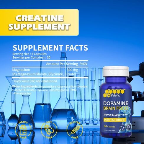Dopamine Brain Nutritional Supplement - Dopamine &Magnesium Complex Formula for Concentration Support, Morning Mental Drive & Focus - Allergen-Free Mental Clarity Supplement, Professional Packaging in Saudi Arabia