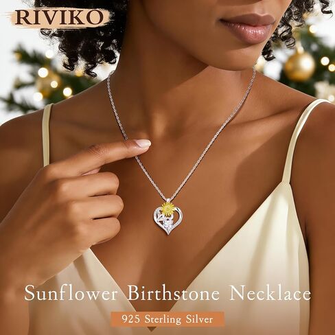 RIVIKO Valentine's Day Gifts for Her-Sunflower Birthstone Necklace for Women,925 Sterling Silver Heart Pendant,Anniversary Birthday Gifts for Women,Birthstone Jewelry for Wife Mother in Saudi Arabia