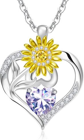 RIVIKO Valentine's Day Gifts for Her-Sunflower Birthstone Necklace for Women,925 Sterling Silver Heart Pendant,Anniversary Birthday Gifts for Women,Birthstone Jewelry for Wife Mother in Saudi Arabia