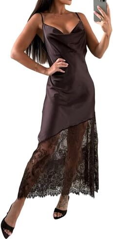 GCZREN Women Elegant Satin Lace Trim Cowl Neck Spaghetti Strap Maxi Dress Backless Asymmetrical Hem Silk Cami Dresses in Saudi Arabia