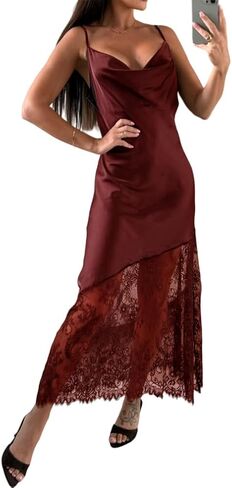 GCZREN Women Elegant Satin Lace Trim Cowl Neck Spaghetti Strap Maxi Dress Backless Asymmetrical Hem Silk Cami Dresses in Saudi Arabia