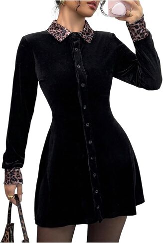 Floerns Women's Elegant Velvet Leopard Print Long Sleeve Button Down A Line Ruffle Short Dress in Saudi Arabia