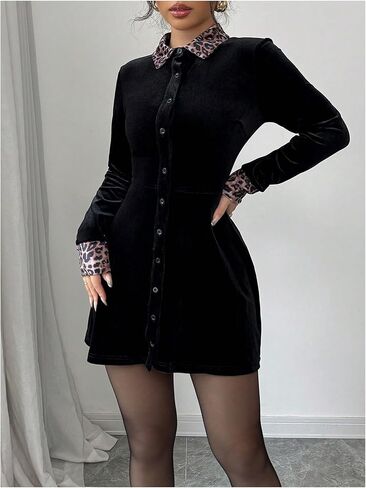 Floerns Women's Elegant Velvet Leopard Print Long Sleeve Button Down A Line Ruffle Short Dress in Saudi Arabia