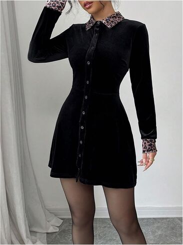 Floerns Women's Elegant Velvet Leopard Print Long Sleeve Button Down A Line Ruffle Short Dress in Saudi Arabia