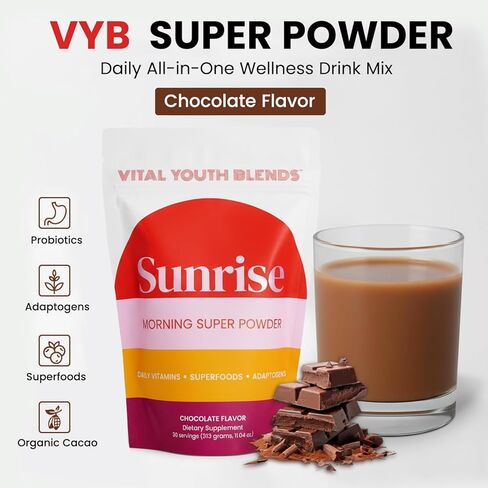 VYB All-in-One Super Powder with Vitamins, Superfoods, Probiotics, Functional Mushrooms, & DIM for Gut Health, Energy, Mood, Hormone Support & Wellness -Chocolate Flavor - 30 Servings in Saudi Arabia