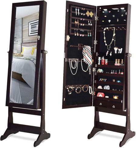 CHARMAID 2 LEDs Standing Jewelry Cabinet with Full Length Mirror, Lockable Mirrored Jewelry Armoire Organizer with Scarf/Bracelet Rod and 2 Drawers, Large Storage Capacity, 4 Adjustable Angle (Brown) in Saudi Arabia