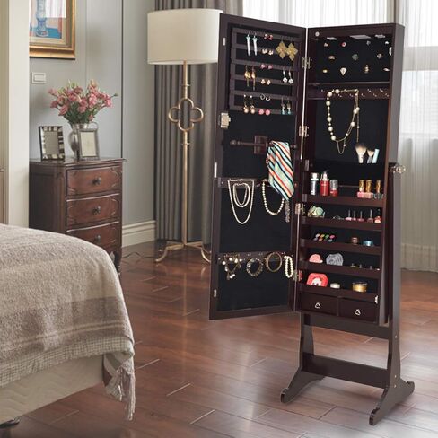 CHARMAID 2 LEDs Standing Jewelry Cabinet with Full Length Mirror, Lockable Mirrored Jewelry Armoire Organizer with Scarf/Bracelet Rod and 2 Drawers, Large Storage Capacity, 4 Adjustable Angle (Brown) in Saudi Arabia
