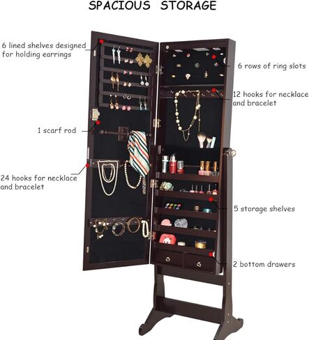 CHARMAID 2 LEDs Standing Jewelry Cabinet with Full Length Mirror, Lockable Mirrored Jewelry Armoire Organizer with Scarf/Bracelet Rod and 2 Drawers, Large Storage Capacity, 4 Adjustable Angle (Brown) in Saudi Arabia
