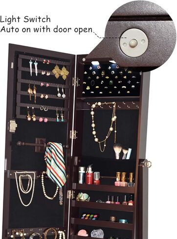 CHARMAID 2 LEDs Standing Jewelry Cabinet with Full Length Mirror, Lockable Mirrored Jewelry Armoire Organizer with Scarf/Bracelet Rod and 2 Drawers, Large Storage Capacity, 4 Adjustable Angle (Brown) in Saudi Arabia