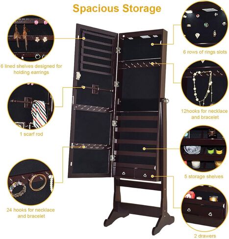 CHARMAID 2 LEDs Standing Jewelry Cabinet with Full Length Mirror, Lockable Mirrored Jewelry Armoire Organizer with Scarf/Bracelet Rod and 2 Drawers, Large Storage Capacity, 4 Adjustable Angle (Brown) in Saudi Arabia