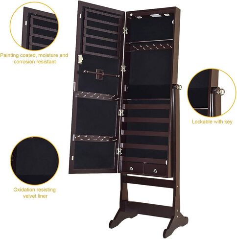 CHARMAID 2 LEDs Standing Jewelry Cabinet with Full Length Mirror, Lockable Mirrored Jewelry Armoire Organizer with Scarf/Bracelet Rod and 2 Drawers, Large Storage Capacity, 4 Adjustable Angle (Brown) in Saudi Arabia