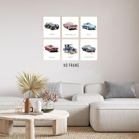 HUACANVASART مطبوعات فنية جدارية كلاسيكية بألوان مائية للسيارة، ملصق حائط كلاسيكي كلاسيكي للسيارة، ملصق فني لسباق السيارات الرجعية لغرفة الأولاد، والحضانة، وغرفة نوم المراهقين، وتزيين غرفة اللعب، مجموعة من 6 قطع in Kuwait
