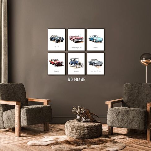 HUACANVASART مطبوعات فنية جدارية كلاسيكية بألوان مائية للسيارة، ملصق حائط كلاسيكي كلاسيكي للسيارة، ملصق فني لسباق السيارات الرجعية لغرفة الأولاد، والحضانة، وغرفة نوم المراهقين، وتزيين غرفة اللعب، مجموعة من 6 قطع in Kuwait