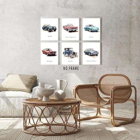 HUACANVASART مطبوعات فنية جدارية كلاسيكية بألوان مائية للسيارة، ملصق حائط كلاسيكي كلاسيكي للسيارة، ملصق فني لسباق السيارات الرجعية لغرفة الأولاد، والحضانة، وغرفة نوم المراهقين، وتزيين غرفة اللعب، مجموعة من 6 قطع in Kuwait