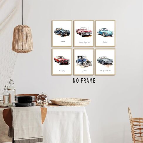 HUACANVASART مطبوعات فنية جدارية كلاسيكية بألوان مائية للسيارة، ملصق حائط كلاسيكي كلاسيكي للسيارة، ملصق فني لسباق السيارات الرجعية لغرفة الأولاد، والحضانة، وغرفة نوم المراهقين، وتزيين غرفة اللعب، مجموعة من 6 قطع in Kuwait