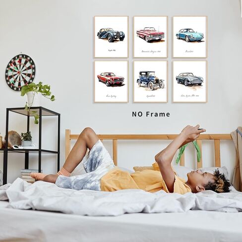 HUACANVASART مطبوعات فنية جدارية كلاسيكية بألوان مائية للسيارة، ملصق حائط كلاسيكي كلاسيكي للسيارة، ملصق فني لسباق السيارات الرجعية لغرفة الأولاد، والحضانة، وغرفة نوم المراهقين، وتزيين غرفة اللعب، مجموعة من 6 قطع in Kuwait