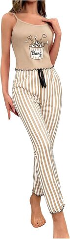 OYOANGLE Women's Cute Cartoon Print Pajama Set Sleeveless Cami Top Bow Striped Pants Pjs Sleepwear in Saudi Arabia