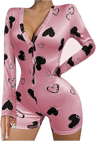 بيجامة نسائية من GTETKDE برسومات قلب لطيفة ورقبة على شكل V وأكمام طويلة وأزرار أمامية، ملابس نوم علوية من نيسيي in Kuwait