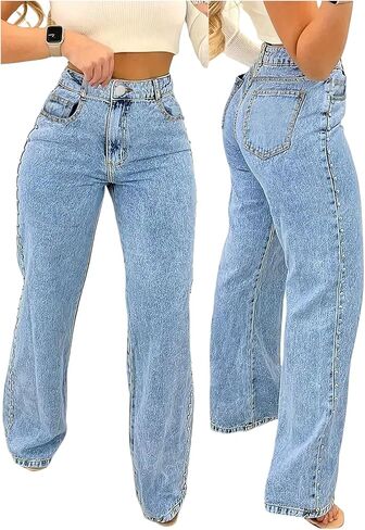 WDIRARA Women's High Waisted Rivet Jeans Streetwear Straight Leg Denim Pants in Saudi Arabia