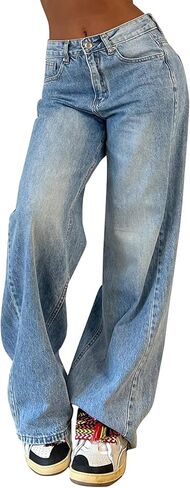 Peakpride سراويل جينز فضفاضة للنساء واسعة الساق من قماش الدنيم غير رسمية عالية الخصر Y2K 90S بنطلون جينز عتيق in Kuwait