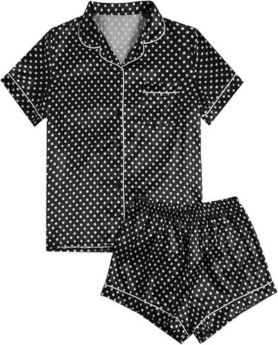 WDIRARA Women's Polka Dots Satin 2 Piece Pajama Set Short Sleeve Button Down Shorts Pjs Sleepwear in Saudi Arabia