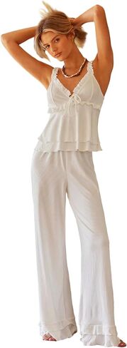 SHENHE Women's 2 Piece Pajama Sets Rib Knit Ruffle Hem Cami Top and Pants Sleepwear in Saudi Arabia