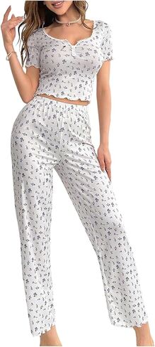 OYOANGLE Womens 2 Piece Cute Pajama Set Short Sleeve Floral Print Lace Patchwork Sleepwear in Saudi Arabia