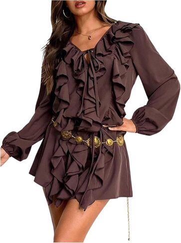 MakeMeChic Women's Chiffon Ruffle Mini Dress Y2k Long Sleeve V Neck Boho Going Out Dresses in Saudi Arabia