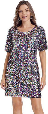 Women's Sequin Dress Sparkly Crew Neck T-Shirt Dress Half Sleeve Glitter Night Out Party Club Shift Dresses in Saudi Arabia