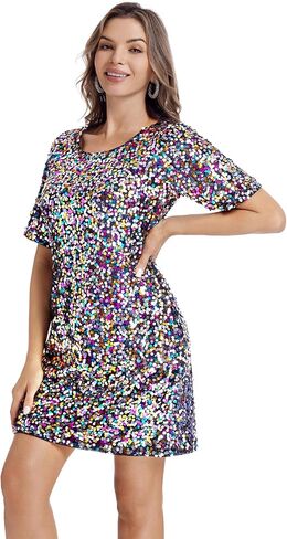 Women's Sequin Dress Sparkly Crew Neck T-Shirt Dress Half Sleeve Glitter Night Out Party Club Shift Dresses in Saudi Arabia