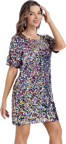 Women's Sequin Dress Sparkly Crew Neck T-Shirt Dress Half Sleeve Glitter Night Out Party Club Shift Dresses in Saudi Arabia