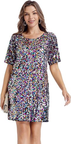 Women's Sequin Dress Sparkly Crew Neck T-Shirt Dress Half Sleeve Glitter Night Out Party Club Shift Dresses in Saudi Arabia