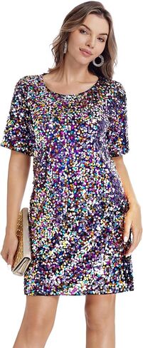 Women's Sequin Dress Sparkly Crew Neck T-Shirt Dress Half Sleeve Glitter Night Out Party Club Shift Dresses in Saudi Arabia
