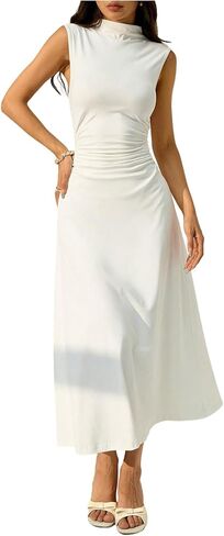 Floerns Women's Sleeveless Mock Neck Long Dress Ruched A Line Church Maxi Dresses in Saudi Arabia