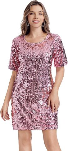 Women's Sequin Dress Sparkly Crew Neck T-Shirt Dress Half Sleeve Glitter Night Out Party Club Shift Dresses in Saudi Arabia