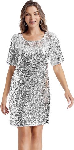 Women's Sequin Dress Sparkly Crew Neck T-Shirt Dress Half Sleeve Glitter Night Out Party Club Shift Dresses in Saudi Arabia