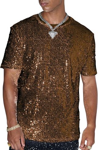 Oyoangle Men's Sprearly Seirt Shirt Crew Neck Short Short Shiny Tops Tops Nightclub Glitter T- T- قمصان in Kuwait