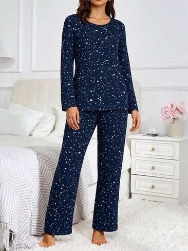 2PCS Women's Pajama Set, Long Sleeve Top and Jogger Pants Sleepwear, Soft Loungewear Round Neck Outfit for Sleeping in Saudi Arabia