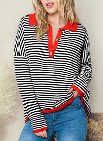 Casual Striped Womens Fall Long Sleeve Polo Collared Sweatshirt in Saudi Arabia