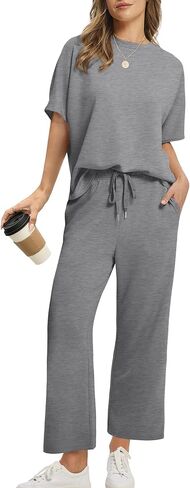 SAMPEEL Two Piece Sets for Women Summer Outfits Oversized Wide Leg Crop Pants Lounge Sets Airport Beach Vacation Clothes in Saudi Arabia