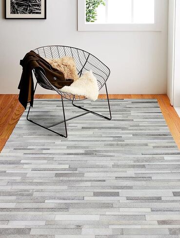 ECLATIQUE RUG Cowhide Leather Rug for Living Room 9.9x14 Natural Leather Rug Silver Modern Stripes Style Floor Carpet for Home Decor | Superior Indoor Area Rug in Saudi Arabia