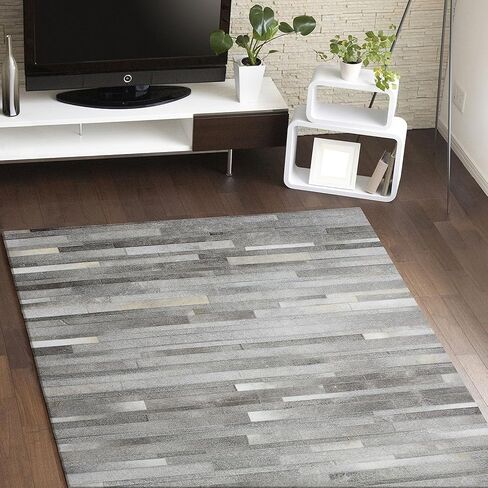 ECLATIQUE RUG Cowhide Leather Rug for Living Room 9.9x14 Natural Leather Rug Silver Modern Stripes Style Floor Carpet for Home Decor | Superior Indoor Area Rug in Saudi Arabia