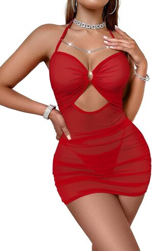 Vicarly مثير سلسلة شبكة شير الرسن ملابس Ruched Bodycon البسيطة اللباس الداخلي مجموعة مع 2 قطعة in Kuwait