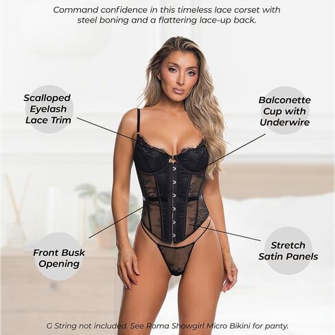 Lace Corset For Women: Roma Essentials Lace Lingerie Corset Bustier Underwire Balconette Cup Steel Boning Lace Up Back Outfit in Saudi Arabia