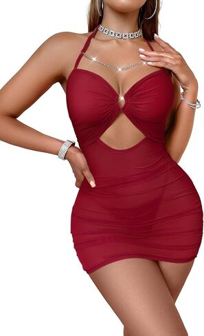 Vicarly مثير سلسلة شبكة شير الرسن ملابس Ruched Bodycon البسيطة اللباس الداخلي مجموعة مع 2 قطعة in Kuwait