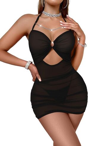 Vicarly مثير سلسلة شبكة شير الرسن ملابس Ruched Bodycon البسيطة اللباس الداخلي مجموعة مع 2 قطعة in Kuwait