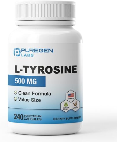 Puregen Labs L-Tyrosine 500 mg, 240 Vegetable Capsules | No Harmful Additives | Non-GMO, Vegan, Gluten Free, Dairy Free - 240 Servings - Made in USA in Saudi Arabia