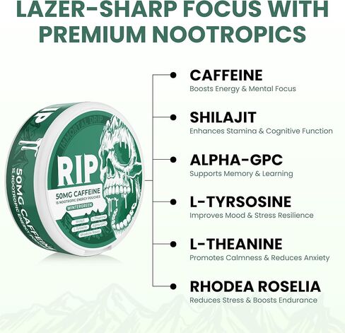 Immortal Drip RIP Nootropic Energy Pouches (Wintergreen) – 5 Cans – 15 Pouches per Can – Clean Energy & Focus Support – 50mg Caffeine, Shilajit, Alpha-GPC, L-Tyrosine, Rhodiola in Saudi Arabia